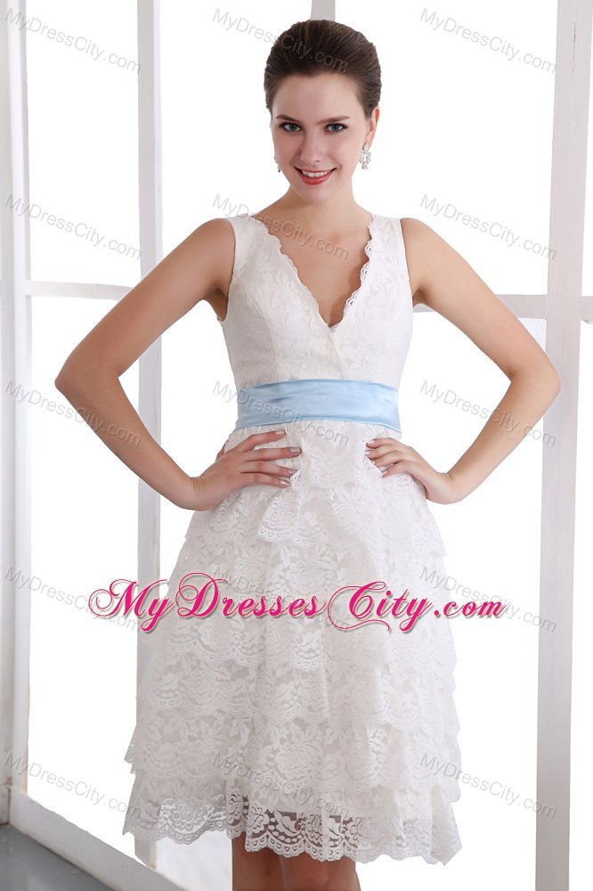 V-neck White Mini-length Lace Prom Party Dress with Sash