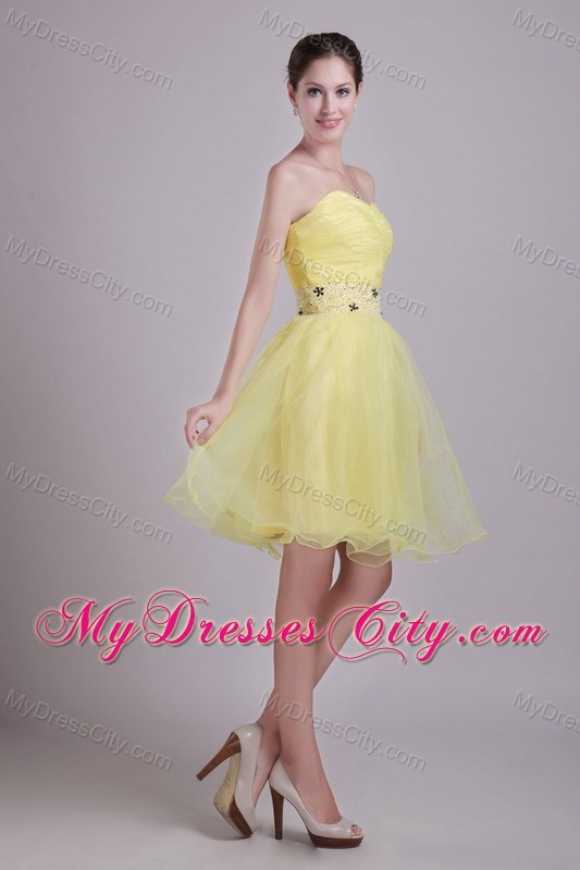 Yellow Beaded Decorate Waist Short Organza Dress for Party