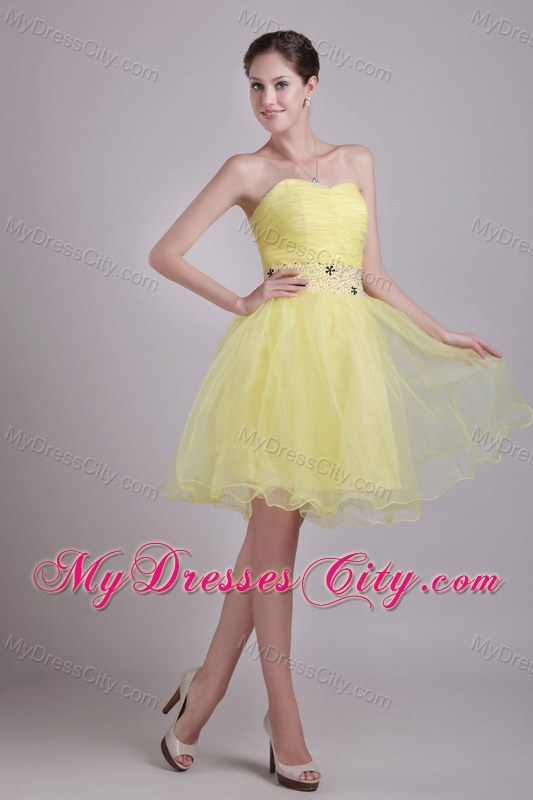 Yellow Beaded Decorate Waist Short Organza Dress for Party