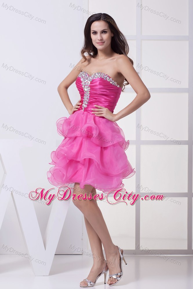 Knee-length Beading and Ruffled Layers Hot Pink Party Dress