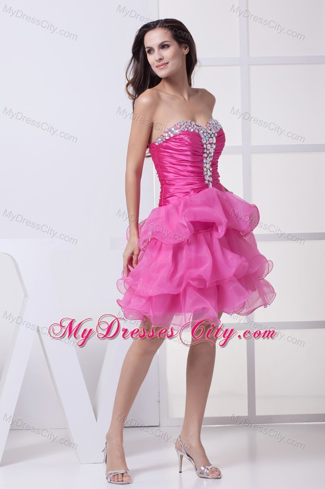 Knee-length Beading and Ruffled Layers Hot Pink Party Dress