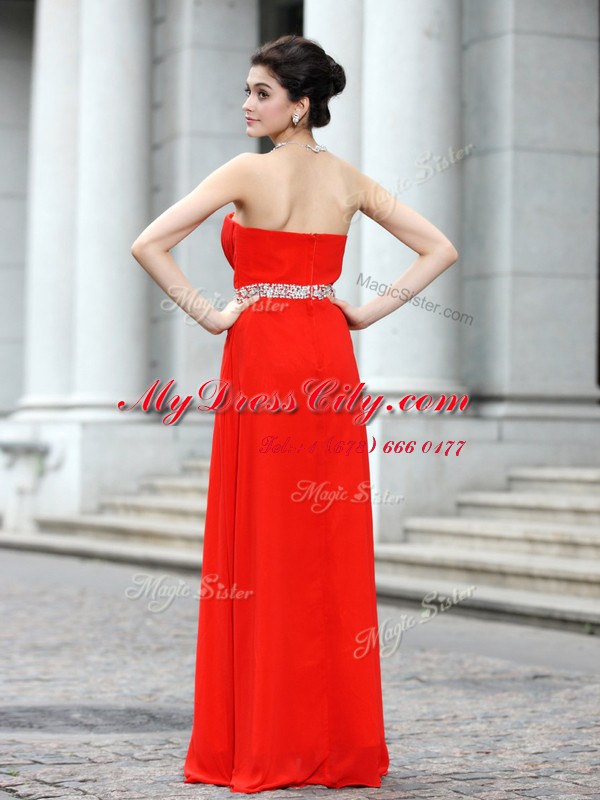 Coral Red Zipper Prom Evening Gown Beading Sleeveless Floor Length