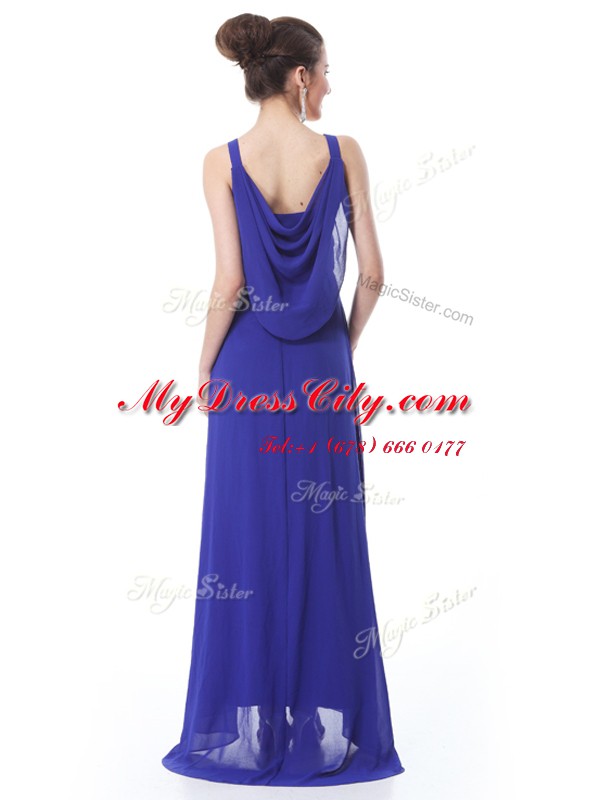 Blue Prom Evening Gown Prom and Party and For with Beading and Ruching Straps Sleeveless Brush Train Side Zipper