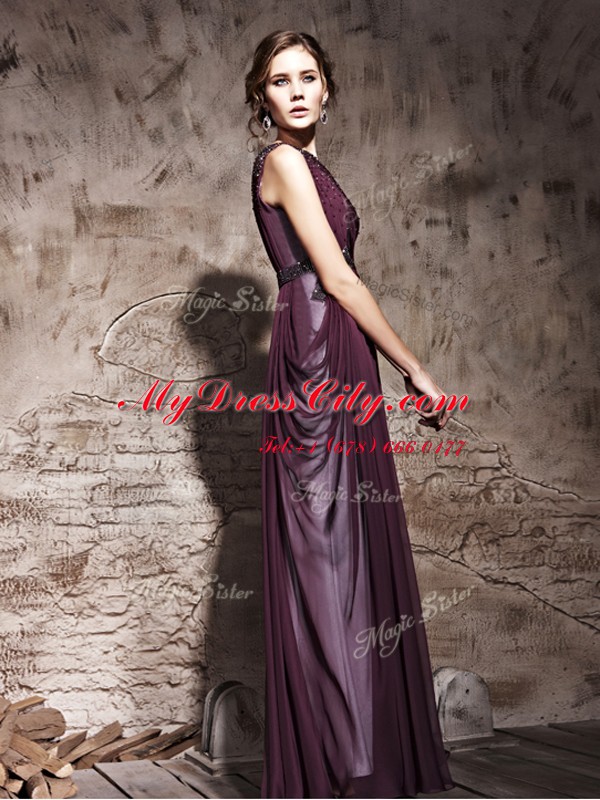 Hot Selling One Shoulder Purple Side Zipper Prom Gown Beading and Ruching Sleeveless Floor Length