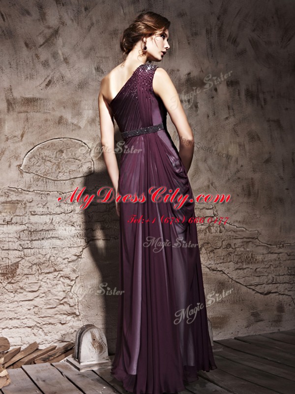 Hot Selling One Shoulder Purple Side Zipper Prom Gown Beading and Ruching Sleeveless Floor Length
