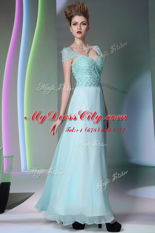 Fantastic Floor Length Empire Cap Sleeves Light Blue Prom Gown Side Zipper