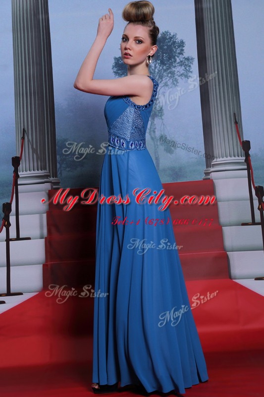 Designer Scoop Floor Length Side Zipper Blue for Prom and Party with Beading and Ruching