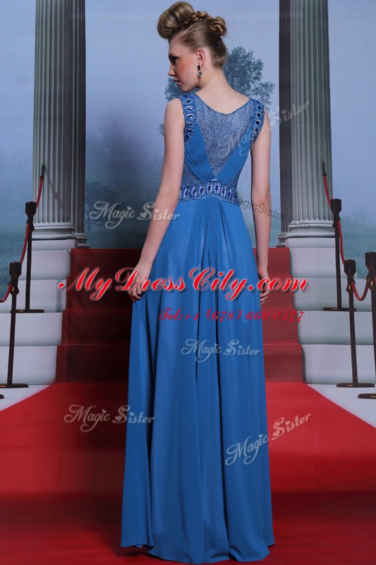 Designer Scoop Floor Length Side Zipper Blue for Prom and Party with Beading and Ruching