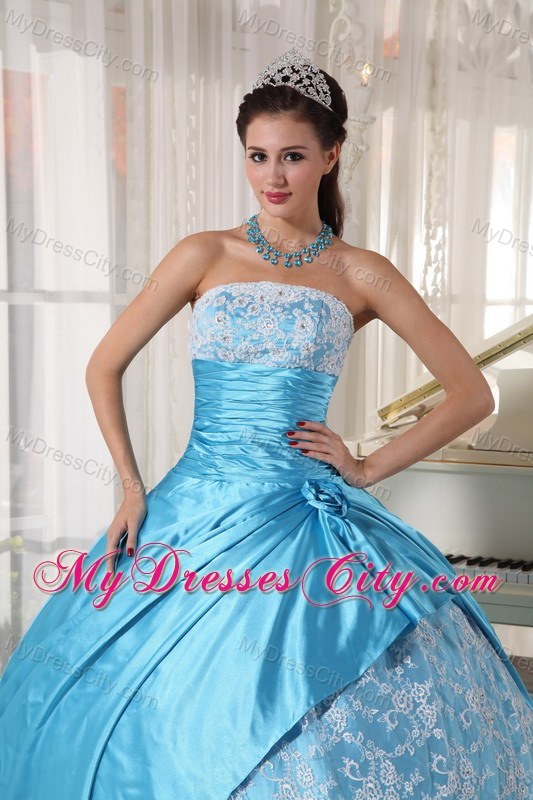 Aqua Blue Floor-length Taffeta and Lace Sweet 16 Dresses