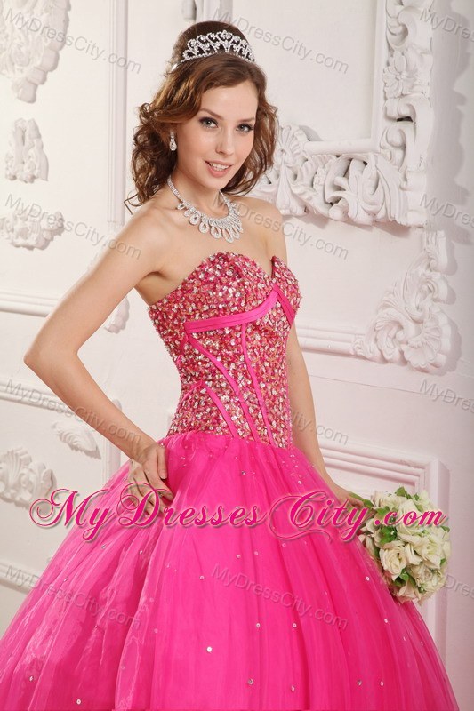 Hot Pink A-Line Satin and Organza Beaded Sweet 16 Dresses