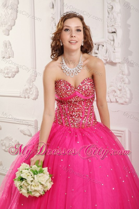 Hot Pink A-Line Satin and Organza Beaded Sweet 16 Dresses