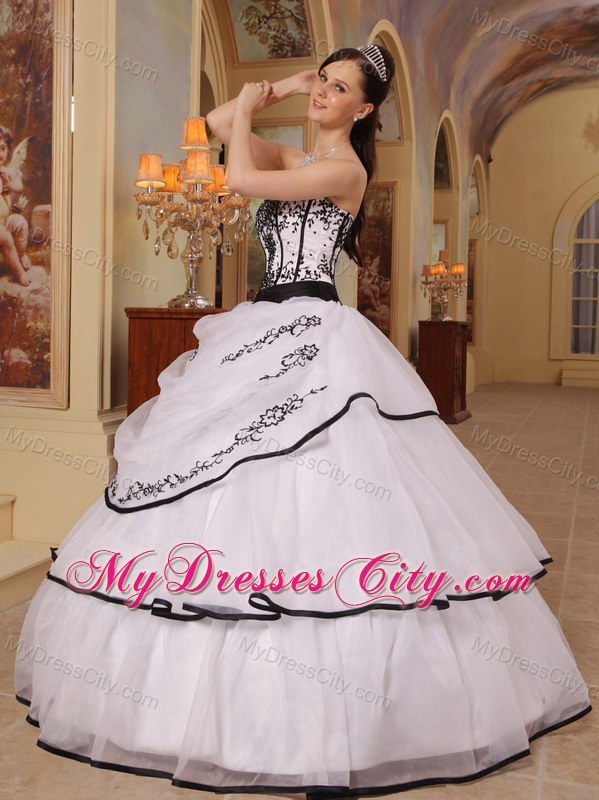 White and Black Tailor Made Embroidery Quinceanera Dress