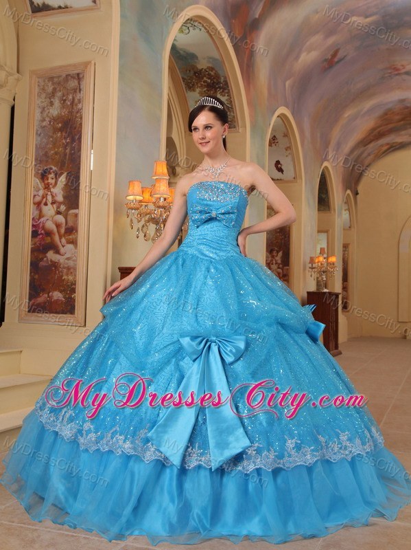Sequins and Organza Teal Quinceanera Gowns with Bows