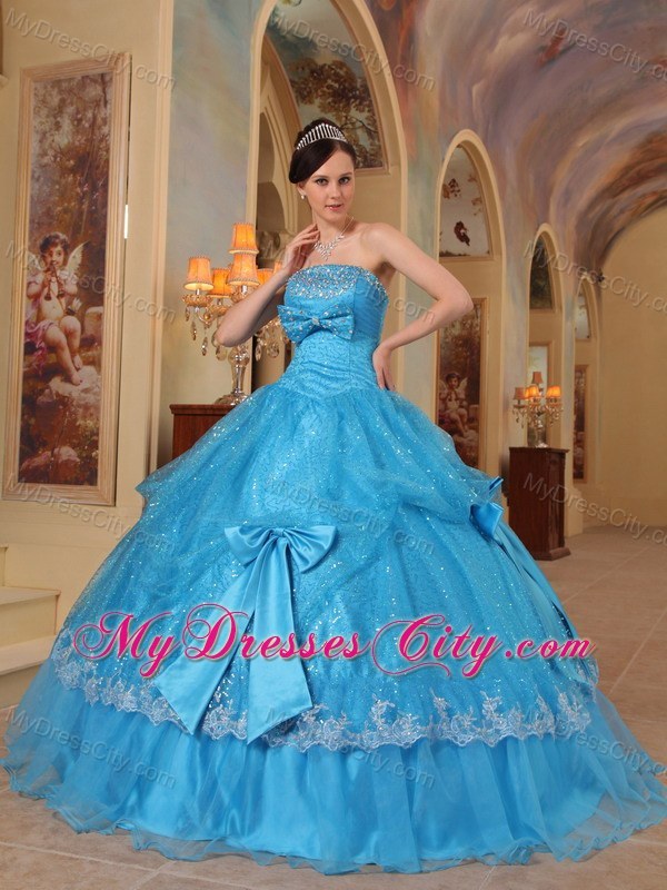 Sequins and Organza Teal Quinceanera Gowns with Bows