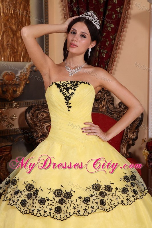 Yellow Fitted Strapless Sweet16 Dress with Black Appliques