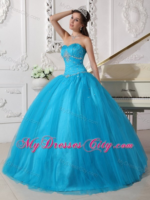 Beading Tulle Strapless Teal Quinceanera Dress for Girls - MyDressCity.com