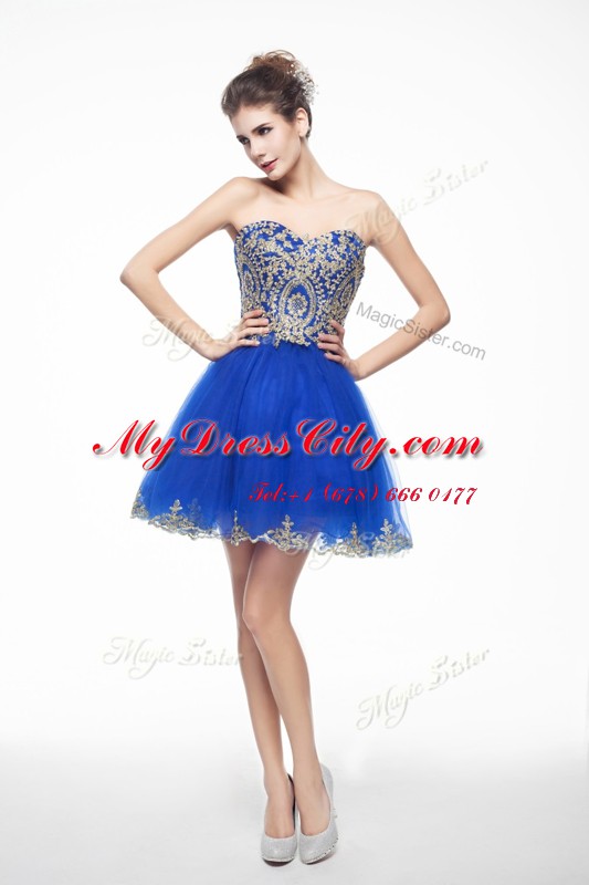 Nice Sleeveless Mini Length Beading and Embroidery Side Zipper Dress for Prom with Royal Blue