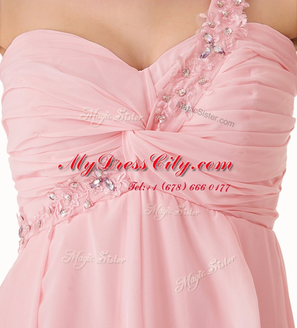 Gorgeous Knee Length Baby Pink Prom Party Dress One Shoulder Sleeveless Lace Up