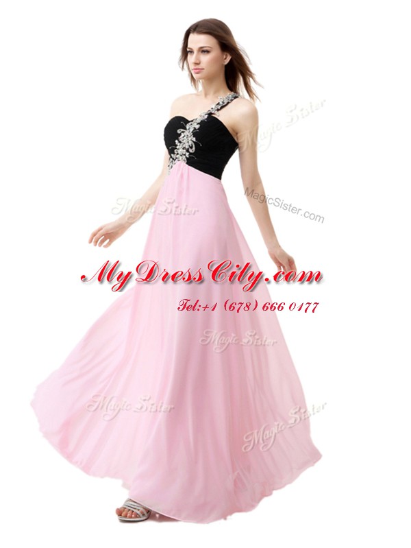 Fantastic One Shoulder Pink And Black Chiffon Zipper Prom Dresses Sleeveless Floor Length Beading and Appliques and Ruffles