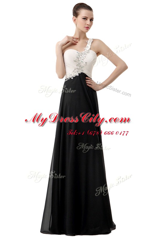 Clearance One Shoulder Beading Prom Party Dress White And Black Zipper Sleeveless Floor Length