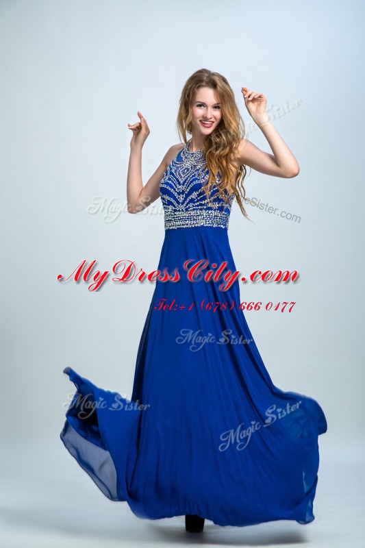 Traditional Scoop Royal Blue Sleeveless Floor Length Beading Criss Cross Prom Dress