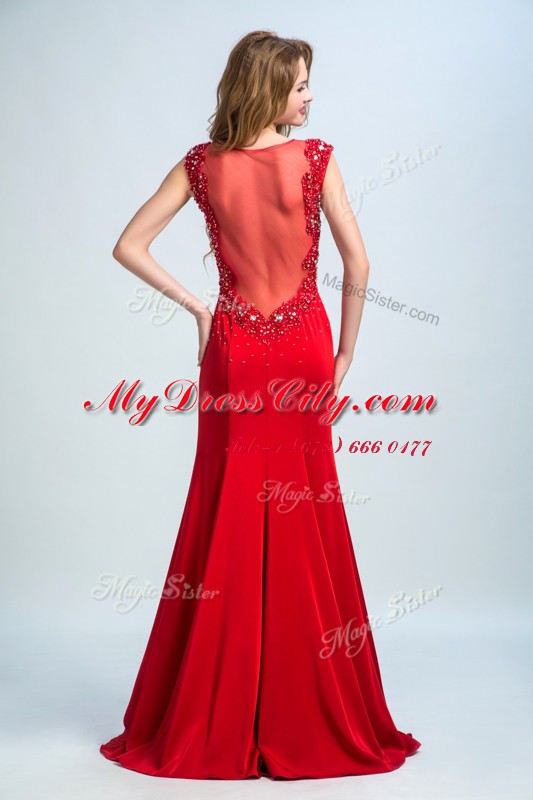 Scoop Red Mermaid Beading Prom Evening Gown Side Zipper Chiffon Sleeveless With Train
