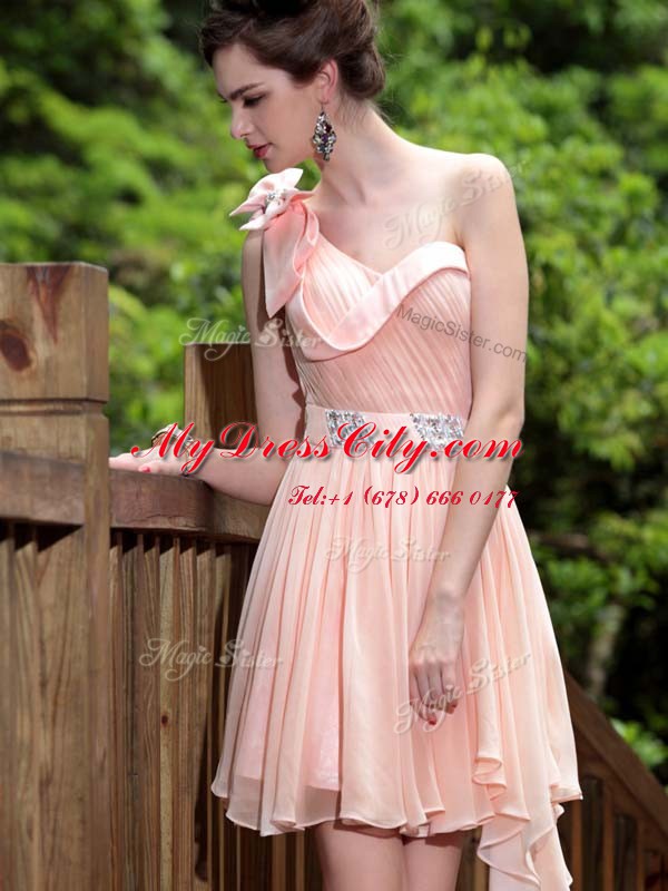 Pink One Shoulder Neckline Beading Prom Gown Sleeveless Side Zipper