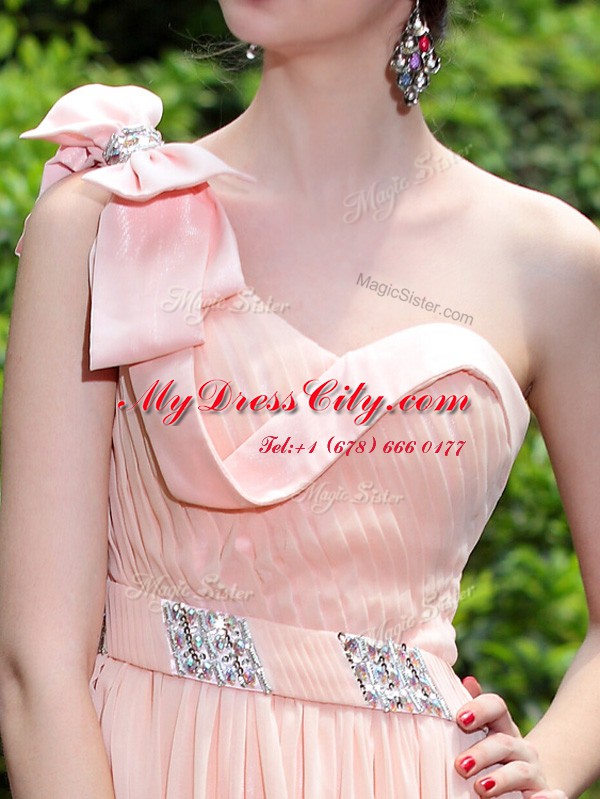 Pink One Shoulder Neckline Beading Prom Gown Sleeveless Side Zipper