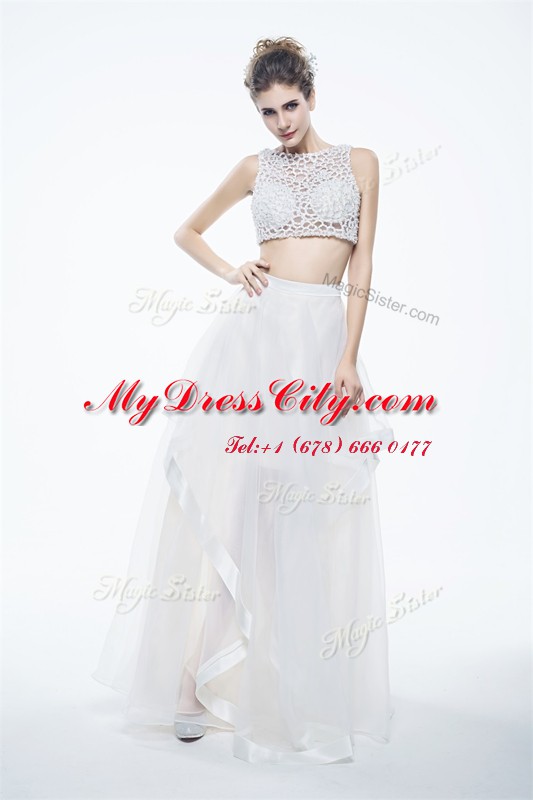 Glittering Scoop White Chiffon Zipper Prom Evening Gown Sleeveless Floor Length Beading and Lace
