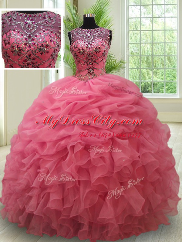 Scoop See Through Floor Length Lace Up Quinceanera Gowns Pink for Military Ball and Sweet 16 and Quinceanera with Beading and Ruffles and Pick Ups
