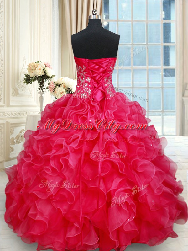 Floor Length Red Sweet 16 Dress Sweetheart Sleeveless Lace Up