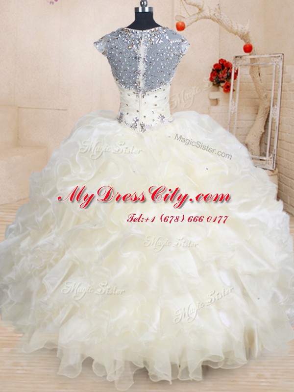 Ball Gowns Sweet 16 Dresses Champagne Straps Organza Cap Sleeves Floor Length Zipper