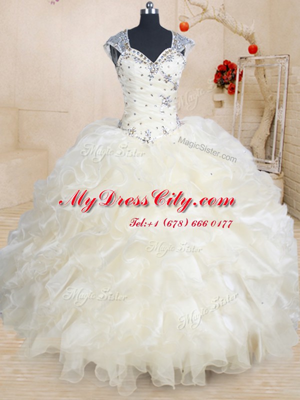 Ball Gowns Sweet 16 Dresses Champagne Straps Organza Cap Sleeves Floor Length Zipper