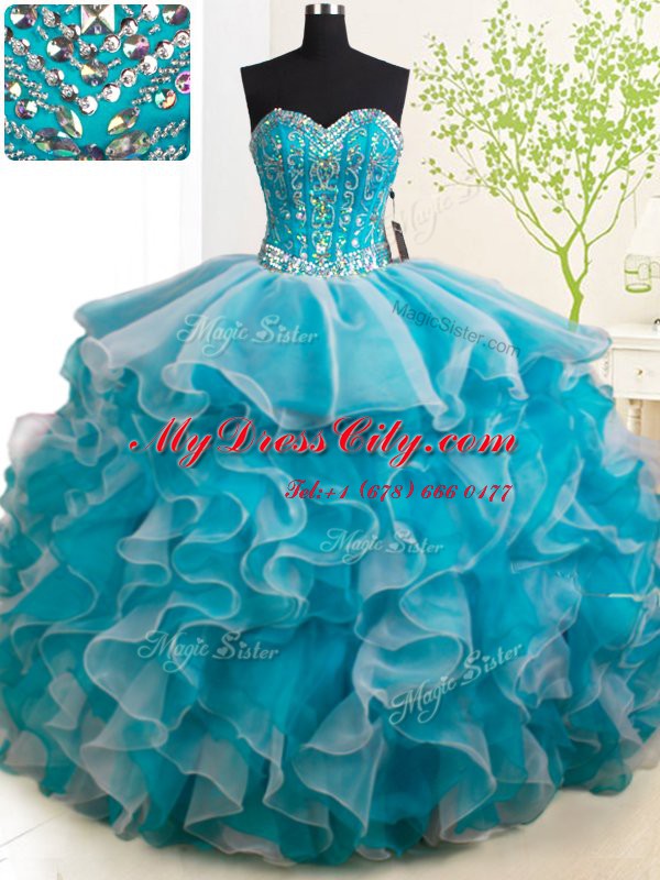 Elegant Teal Lace Up Sweetheart Beading and Ruffles 15 Quinceanera Dress Organza Sleeveless Brush Train