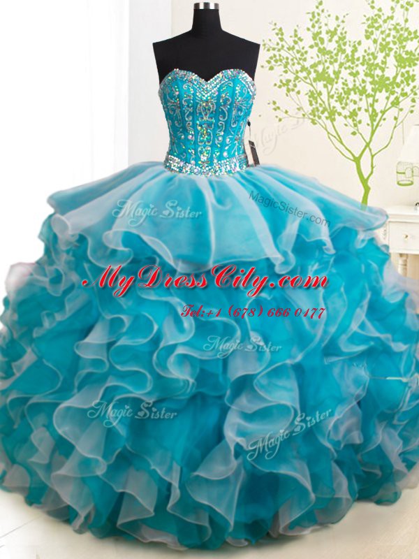 Elegant Teal Lace Up Sweetheart Beading and Ruffles 15 Quinceanera Dress Organza Sleeveless Brush Train