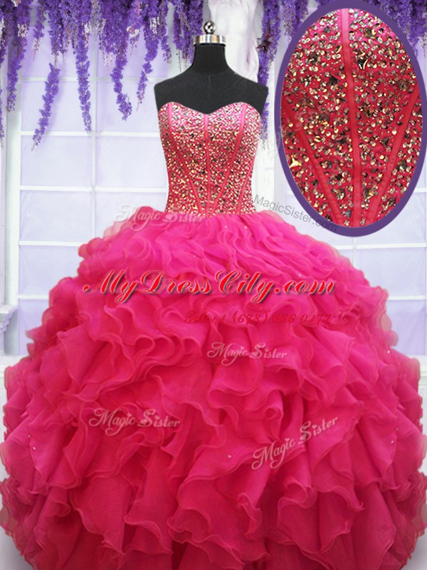 Fashion Hot Pink Sleeveless Organza Lace Up 15th Birthday Dress for Military Ball and Sweet 16 and Quinceanera
