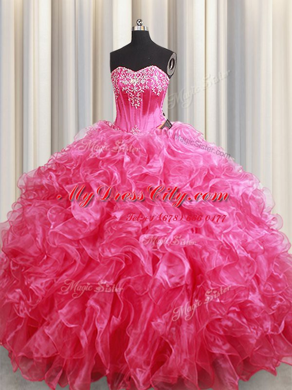 Fashion Sleeveless Organza With Brush Train Lace Up Quinceanera Gown in Hot Pink with Beading and Ruffles