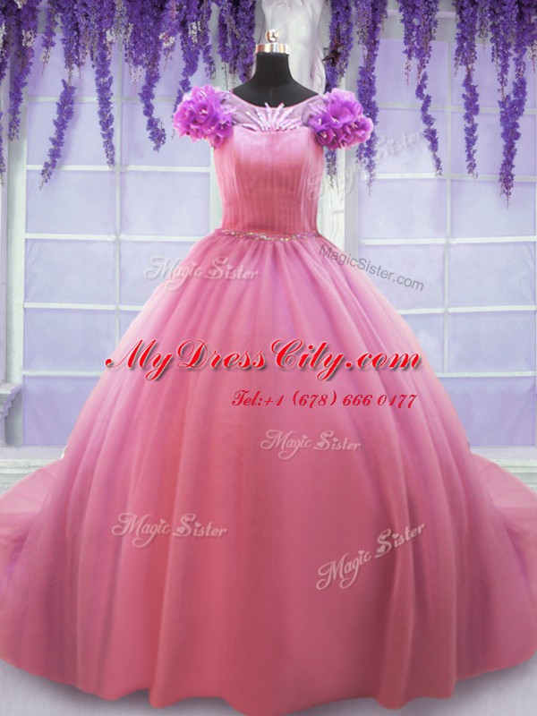 Scoop Rose Pink Cap Sleeves Court Train Beading and Hand Made Flower Quince Ball Gowns