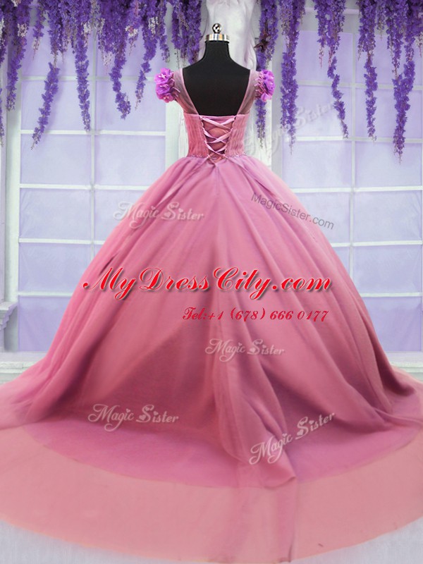 Scoop Rose Pink Cap Sleeves Court Train Beading and Hand Made Flower Quince Ball Gowns