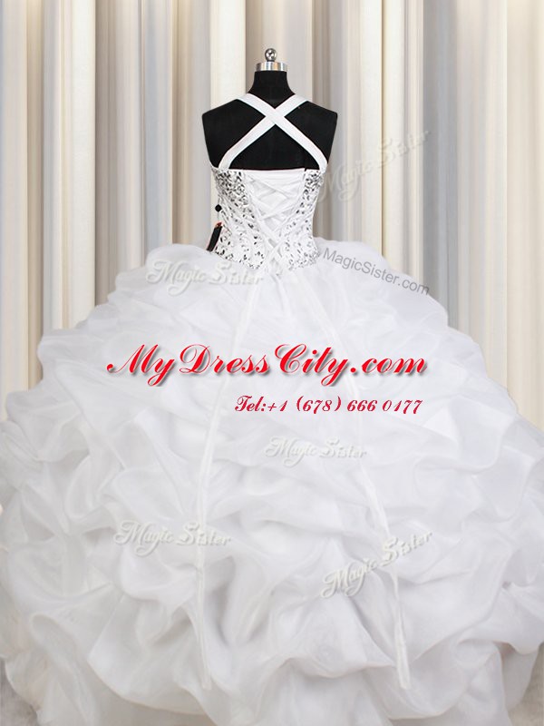 Fine Straps Sleeveless Beading and Ruffles and Pick Ups Lace Up Ball Gown Prom Dress