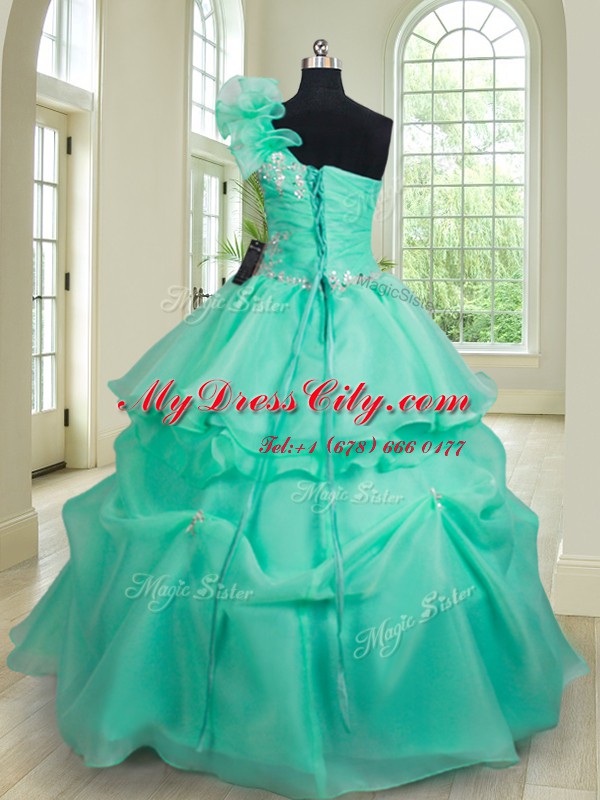 One Shoulder Sleeveless Organza Floor Length Lace Up Quince Ball Gowns in Turquoise with Beading and Hand Made Flower