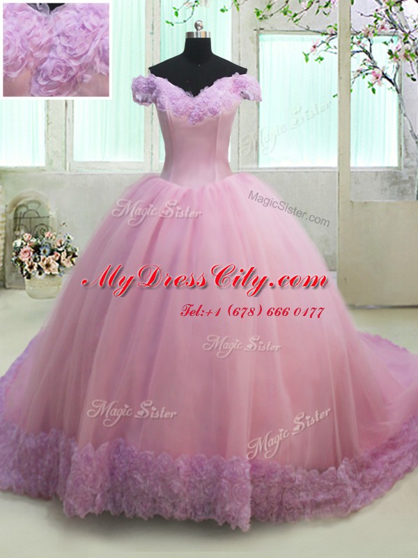 Off the Shoulder Court Train Lilac Ball Gowns Ruching Quinceanera Dresses Lace Up Tulle Cap Sleeves With Train