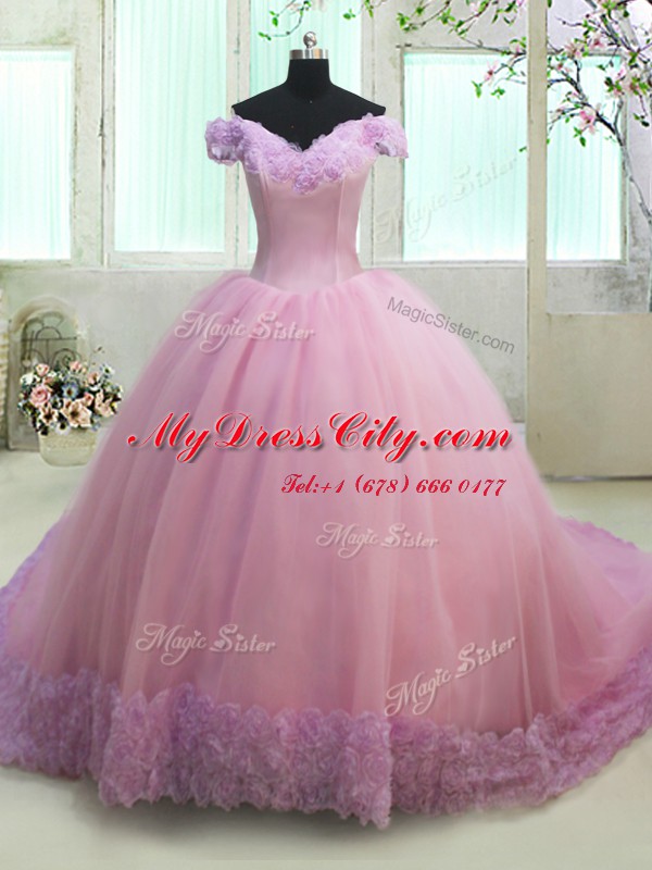 Off the Shoulder Court Train Lilac Ball Gowns Ruching Quinceanera Dresses Lace Up Tulle Cap Sleeves With Train