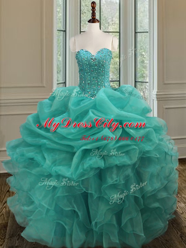 Turquoise Ball Gowns Organza Sweetheart Sleeveless Beading and Ruffles and Pick Ups Floor Length Lace Up Quinceanera Dresses