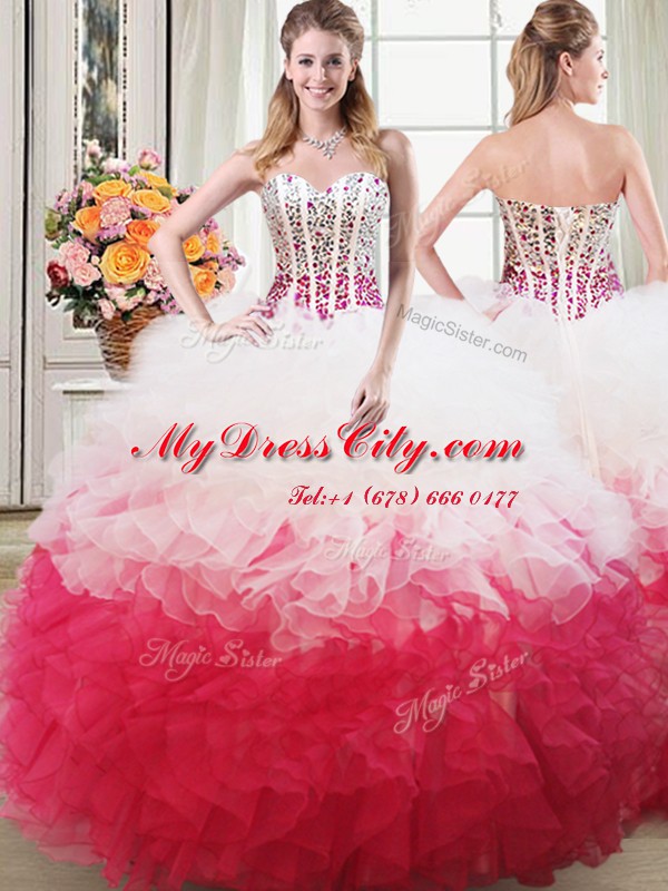 Three Piece Sleeveless Floor Length Beading and Ruffles Lace Up Vestidos de Quinceanera with White and Red
