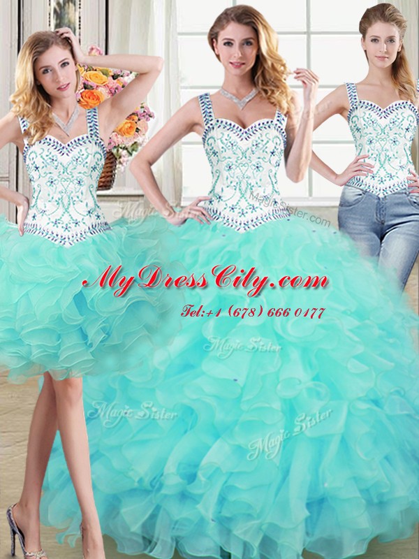 Customized Three Piece Straps Floor Length Aqua Blue Quinceanera Dress Organza Sleeveless Beading and Lace and Ruffles