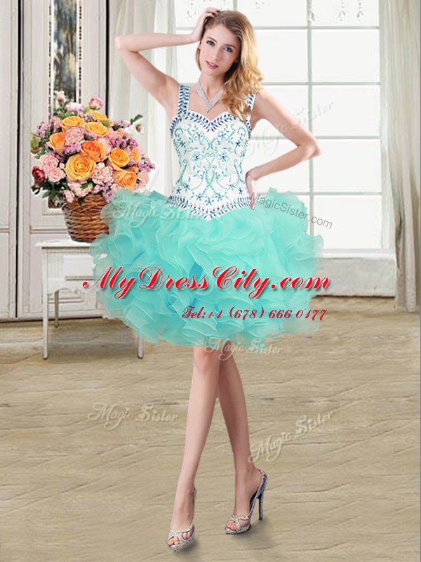 Customized Three Piece Straps Floor Length Aqua Blue Quinceanera Dress Organza Sleeveless Beading and Lace and Ruffles