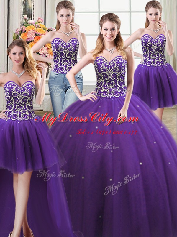 Comfortable Four Piece Floor Length Ball Gowns Sleeveless Purple Quinceanera Gowns Lace Up