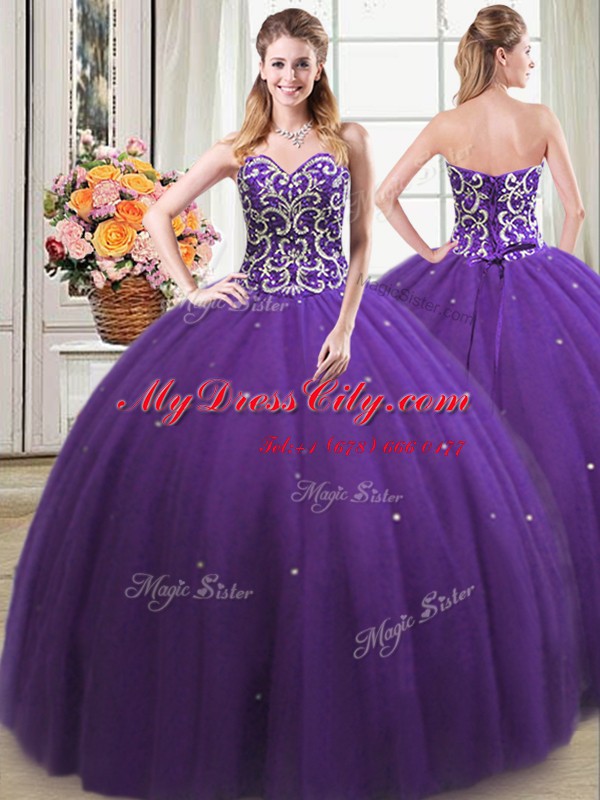 Comfortable Four Piece Floor Length Ball Gowns Sleeveless Purple Quinceanera Gowns Lace Up