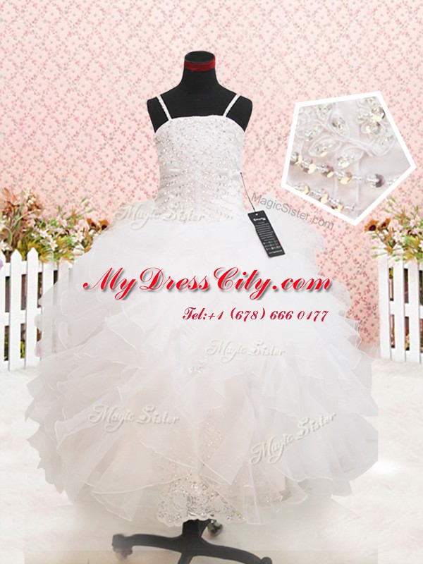 Flare Organza Strapless Sleeveless Zipper Beading and Lace and Ruffles Flower Girl Dress in White